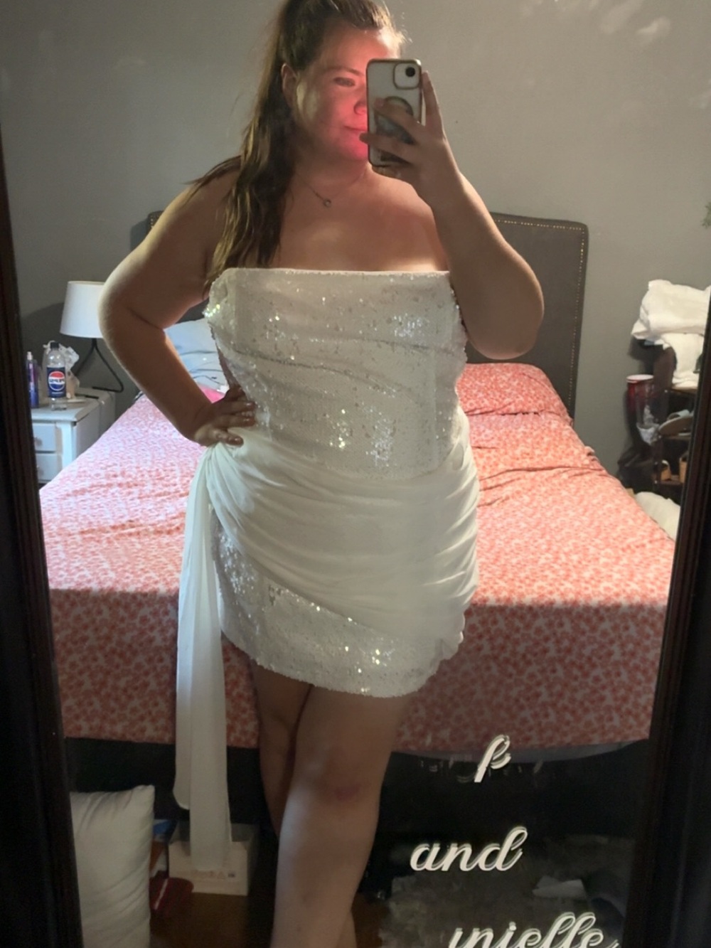 Fashion Nova White Strapless Sequin Mini Dress with Draped Sash